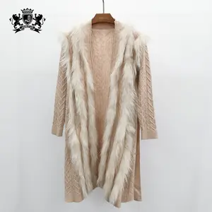 Mùa Thu Raccoon Fur Trim Cashmere Coat Chất Lượng Cao Thời Trang Phụ Nữ Lông Áo Len Dài Cardigans Cho Phụ Nữ