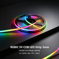 Bande lumineuse LED COB RGBIC 5V 5mm avec contrôle individuel des pixels intégré 1838 SPI, ruban LED couleur de rêve adressable IP33 ETL/BIS/RoHs
