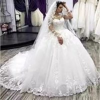LY-WD0263 Robe de mariée classique élégante ivoire, style princesse, en dentelle, col rond, manches longues, traîne balayante, grandes tailles pour la mariée