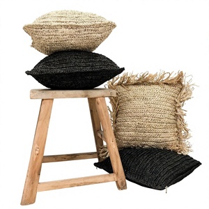 Luxury Square Raffia Beige <b>Black</b> Cushion Cover Fringes Boho Eco-Friendly Removable Washable Vintage Pattern 100% Cotton Decor - Product Image 1