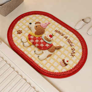 Alfombra de baño ovalada con diseño de perro de dibujos animados, imitación de lino, absorbente, antideslizante, de secado rápido, resistente a las manchas, para uso doméstico - Product Image 4