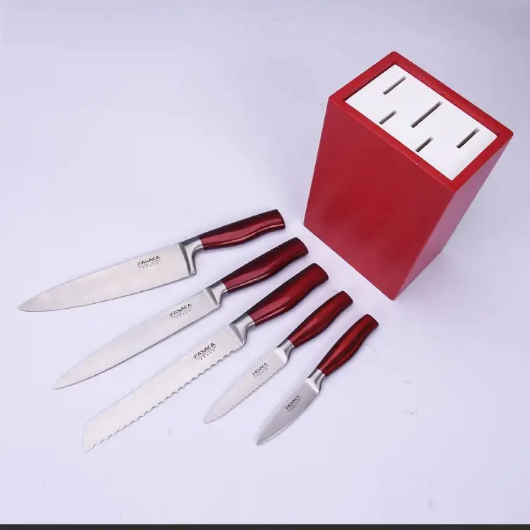 5PCS Hollowing Handle In Red Painting Inox Set Of Knives Knife And Block