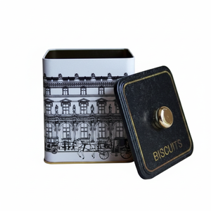 Caja Metálica Cuadrada Vintage con Ilustraciones de Paisajes Urbanos Kontensan ER0239I de 1.8L con Asa de Perilla, 120x120x137 mm - Product Image 2