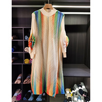 Nouvelle Robe Décontractée Plissée en Polyester Antistatique, Faite Main avec Fleurs Dégradées, Col Rond, Manches Longues, Collection Printemps