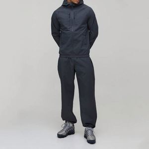 Dark Grey Printed Winter Hooded Windbreaker Jacket Cuffed <b>Pants</b> Custom Men Two-Piece Tracksuit 100% Cotton Fleece Lining - Product Image 1