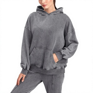 Sweat-shirt à capuche oversize pour femme, gris uni, en coton et fibre de bambou, épaules tombantes, manches longues, pull tricoté, vêtement d'automne - Product Image 1