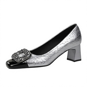 Zapatos de tacón de mujer con punta cuadrada de charol craquelado, tacón medio grueso con pedrería brillante, estilo slip-on, para oficina, bodas y fiestas - Product Image 4