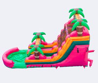 Toboggan aquatique gonflable rose vif tropical pas cher, toboggan aquatique double piste palmier pour enfants, idéal pour carnaval et fêtes à la piscine