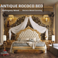 Lit en bois antique de style rococo français avec tête de lit capitonnée, meubles de chambre à coucher en bois massif