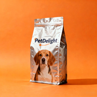 Sac à fond carré argenté pour aliments pour animaux de compagnie avec impression personnalisée, fermeture éclair refermable et encoche de déchirement pour chats, chiens et marques de prestige