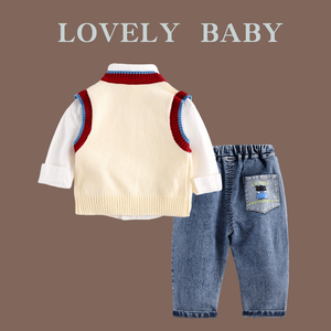 2023 abbigliamento autunnale e invernale per bambini camicia stile inglese per ragazzi + canotta maglione + Jeans 3 pezzi Set di abbigliamento per bambini - Product Image 4
