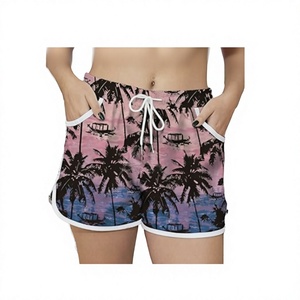 Shorts pour femmes à imprimé tropical avec poches, taille à cordon de serrage, tenue décontractée d'été, motif palmier rose et violet - Product Image 2