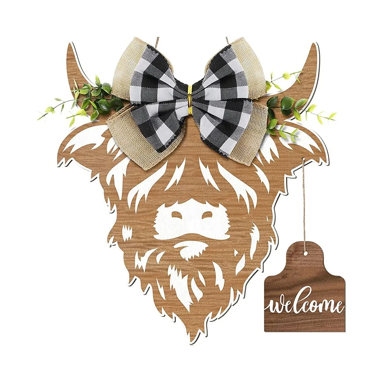 Highland Cow Door Hanger, Wooden Board Highland Cows Cattle Welcome Sign Decoration for Sweet Home