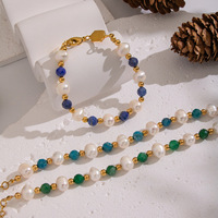 Bracelet pour femme en acier inoxydable plaqué or 18 carats, vintage, élégant, imperméable, avec pierre naturelle et perle d'eau douce