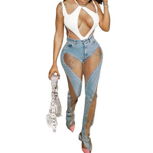 Venta al por mayor de las mujeres Jean Ladies Denim Sexy Mesh Sand Combinación Sheer Slit Stretch Slim Hip <span class=keywords><strong>Jeans</strong></span> - Product Image 5