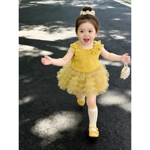 Baby Girl Knitted Bow Camisole <b>Mesh</b> Tutu <b>Two</b>-<b>Piece</b> <b>Set</b> Breathable Summer Outfit - Product Image 1