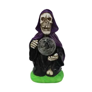 Custom Figurine Wholesale Resin Halloween Garden Decoration Outdoor Crafts Skeleton With Light Ball LED Figurine