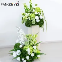Rangkaian Bunga Mawar Hijau Putih Hydrangea Sutra Buatan Mewah untuk Dekorasi Latar Belakang Acara, Hiasan Lantai