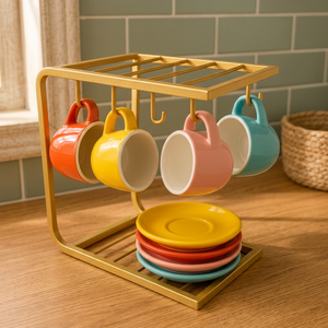 Support à tasses moderne à double niveau en métal avec étagère à assiettes pour le rangement de la vaisselle de cuisine, type sur pied, design durable - Product Image 6