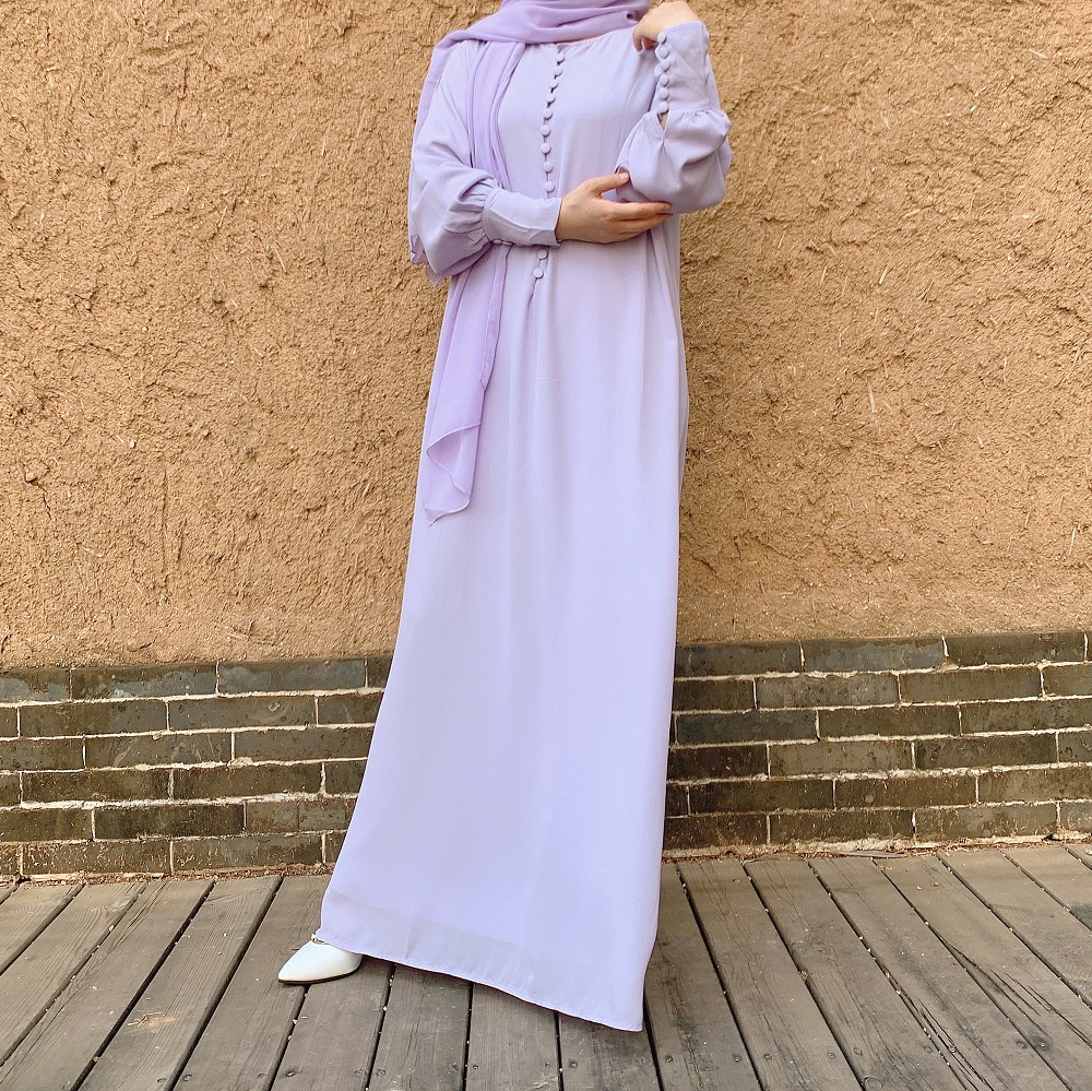 Wholesale High Quality Elegant Muslim Women Long Abaya with buttons Chiffon Dress Islamic Clothing
