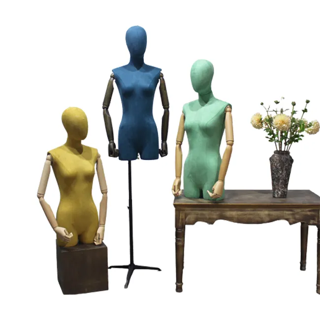 wholesale fabric covered half size dress form torso bust form wooden arm mannequins with head