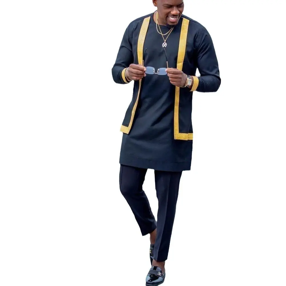 Traje de hombre Pantalones de dos piezas Top empalme manga larga fiesta hombres africanos estilo étnico musulmán