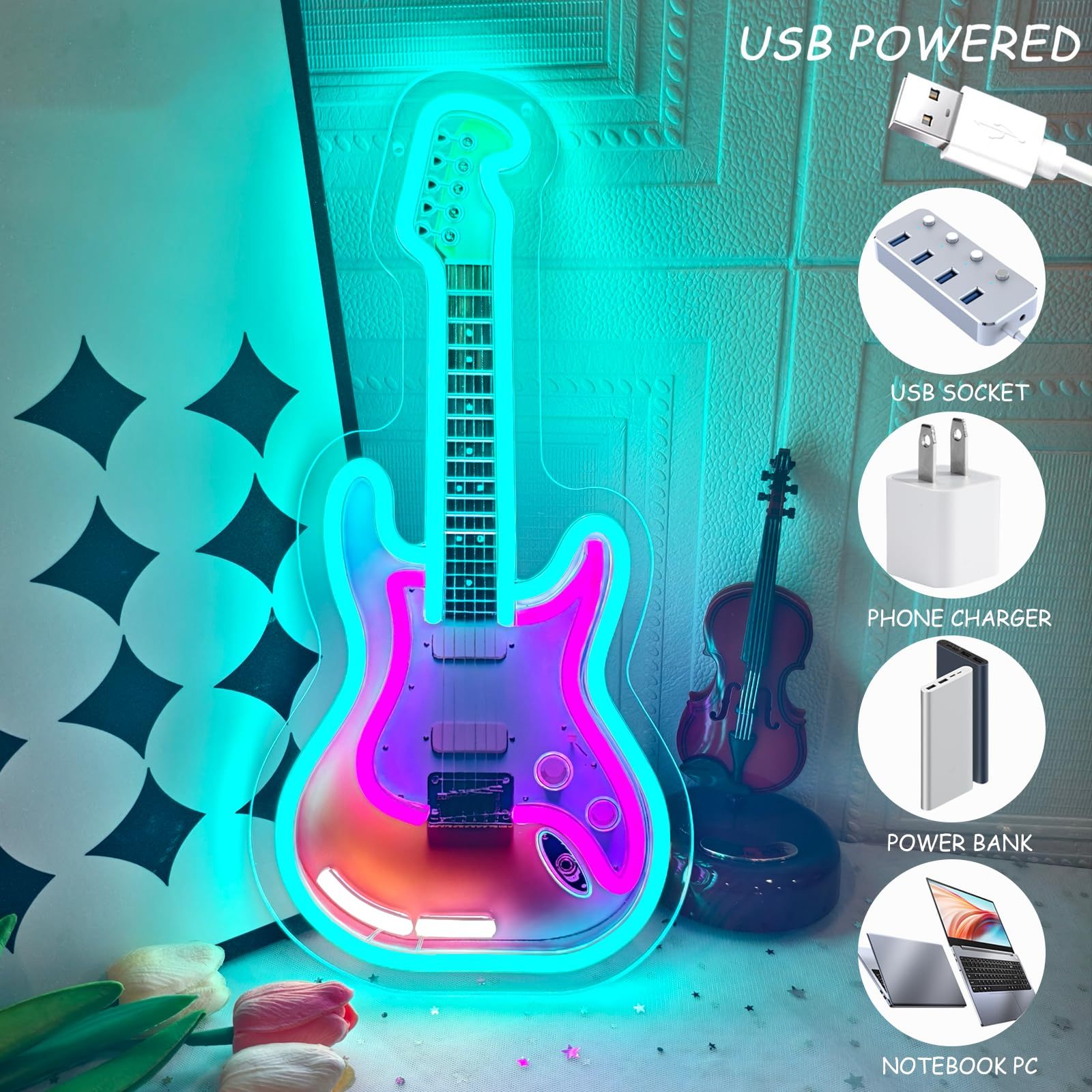Electric Guitar Neon Sign Dimmable Printed Guitar Neon Light for Wall Decor Room Decor Light up Led Neon Signs · image 6