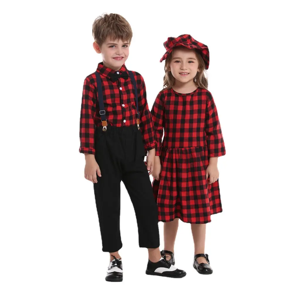 Sisters and Brothers' Christmas Clothes Autumn Boys' Checkered Shirt Strap Pants 2 Piece Set Girls' Dress Hat