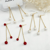 Anting-Anting Mutiara Imitasi Bulat Rantai Tipis Panjang, Membentuk Wajah Lebih Ramping, Elegan, Feminin, Cocok untuk Kantor, Serbaguna, Perhiasan Telinga Wanita