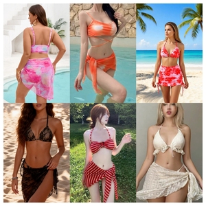 Women Solid Color Deep V Neck Crossed Halter Top <b>Skirt</b> Bottom Stretch Swimwear Spandex Nylon Regular Fit <b>Bikini</b> 3 Piece Set - Product Image 3