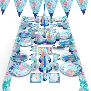 卸売漫画テーマリトルマーメイド誕生日パーティーデコレーションパーティーセットプレートカップ紙食器セット