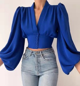 Blus kantor wanita, baju blus wanita ukuran Plus, elegan, ramping, lengan lentera, leher V berkancing, blus kantor, baru - Product Image 3