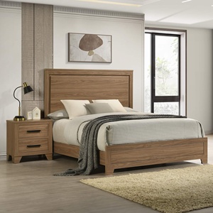 Walnut Chestnut 3pc Queen Bed Set With 2 Nightstands <b>Panel</b> <b>Headboard</b> Wooden Transitional Bedroom Furniture - Product Image 1