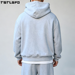 Sudadera con capucha doble personalizada, de peso pesado, gris melange, con paneles y costuras arqueadas, estilo streetwear, corte holgado, al por mayor - Product Image 5