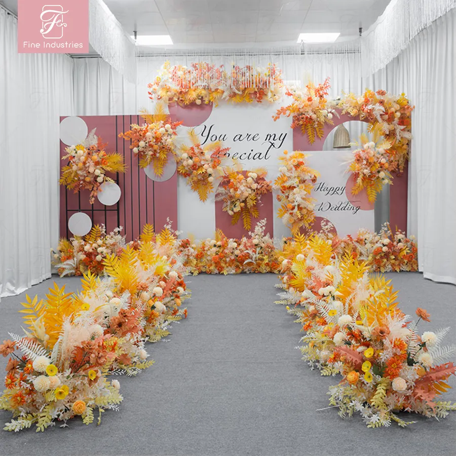 FW Bunga Imitasi Kuning untuk Pernikahan, Dekorasi Tembok Panggung, Latar Belakang Bunga Pernikahan