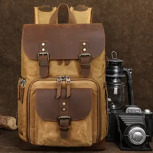 Waterproof Waxed Canvas And Genuine Leather Dslr Camera/Video Bags Camera Backpack
