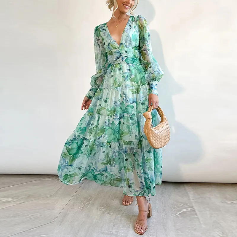 Custom Ladies Casual Floral Print Chiffon Long Dress V-Neck with Long Sleeves Natural Waist custom print boho dress