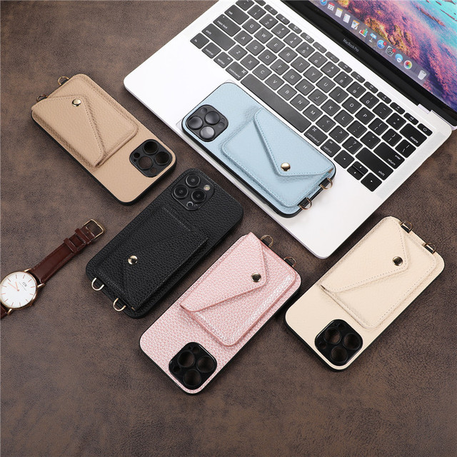Lady Custom Logo Pu Leather iPhone Mobile Phone Case with Cross Body Strap