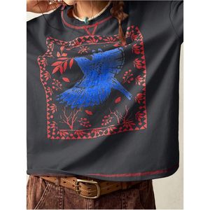 Camiseta Gráfica Boho de Manga Corta para Mujer FOXA, Cuello Redondo, Corte Holgado, Transpirable, de Algodón, Estilo Urbano - Product Image 5