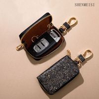 Étui pour clé de voiture en cuir PU texture litchi, pochette à fermeture éclair, porte-clés portable avec crochet pour clé, idéal pour un cadeau promotionnel