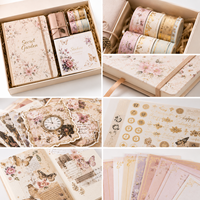 Ensemble cadeau de papeterie vintage personnalisé avec des motifs floraux et des papillons, journal relié, ruban adhésif washi, autocollants, kit de scrapbooking avec boîte cadeau