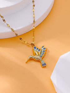 Cadeaux de fête en gros : Collier en acier inoxydable couleur or avec pendentifs oiseaux colorés mignons, cœur et herbe pour femmes, bijoux de mariage - Product Image 3