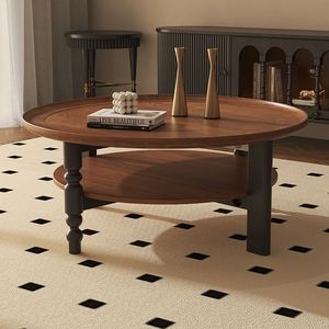 Mesa de centro redonda de madera maciza de estilo francés de 60 cm con estante de almacenamiento, muebles para sala de estar - Product Image 4