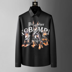 Camicia bianca a maniche lunghe da uomo con stampa audace di Doberman, design con <span class=keywords><strong>testo</strong></span>, dichiarazione di stile, tessuto antipiega e senza bisogno di stiratura. - Product Image 3