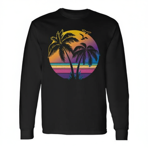 Camiseta vintage de manga larga con diseño de palmera al atardecer para amantes de la playa - Product Image 2