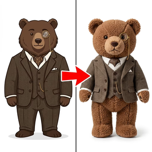 <span class=keywords><strong>Ours</strong></span> en peluche personnalisé style gentleman, inspiré d'un croquis de personnage vintage, en peluche marron bouclée, avec costume trois pièces et monocle, prototype - Product Image 1