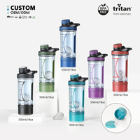 Nouvelle bouteille d'eau de sport Tritan, anti-fuite, sans BPA, shaker, design naturel avec poignée, rangement intégré pour les protéines en poudre