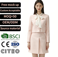 Ensemble deux pièces en tweed rose pour femme, veste courte à col nœud papillon, jupe mini plissée, costume élégant pour femme de bureau, tenue d'automne-hiver