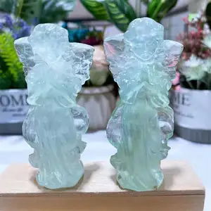 New Design Healing Stone Crafts Gemstone Fluorite Quartz Angel Figurine Folk Carving Crystal Angel Wings Carvings For Sale