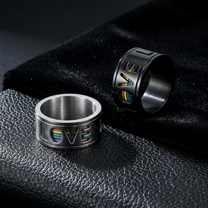 Bague d'homme en acier inoxydable avec drapeau arc-en-ciel rotatif, motif géométrique et lettres, grande taille, cadeau idéal - Product Image 1
